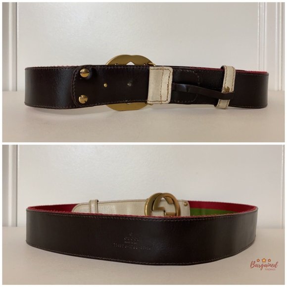Authentic Gucci Red/Green Web Leather Gold Interlocking G Buckle Belt 85/34 - Picture 7 of 13